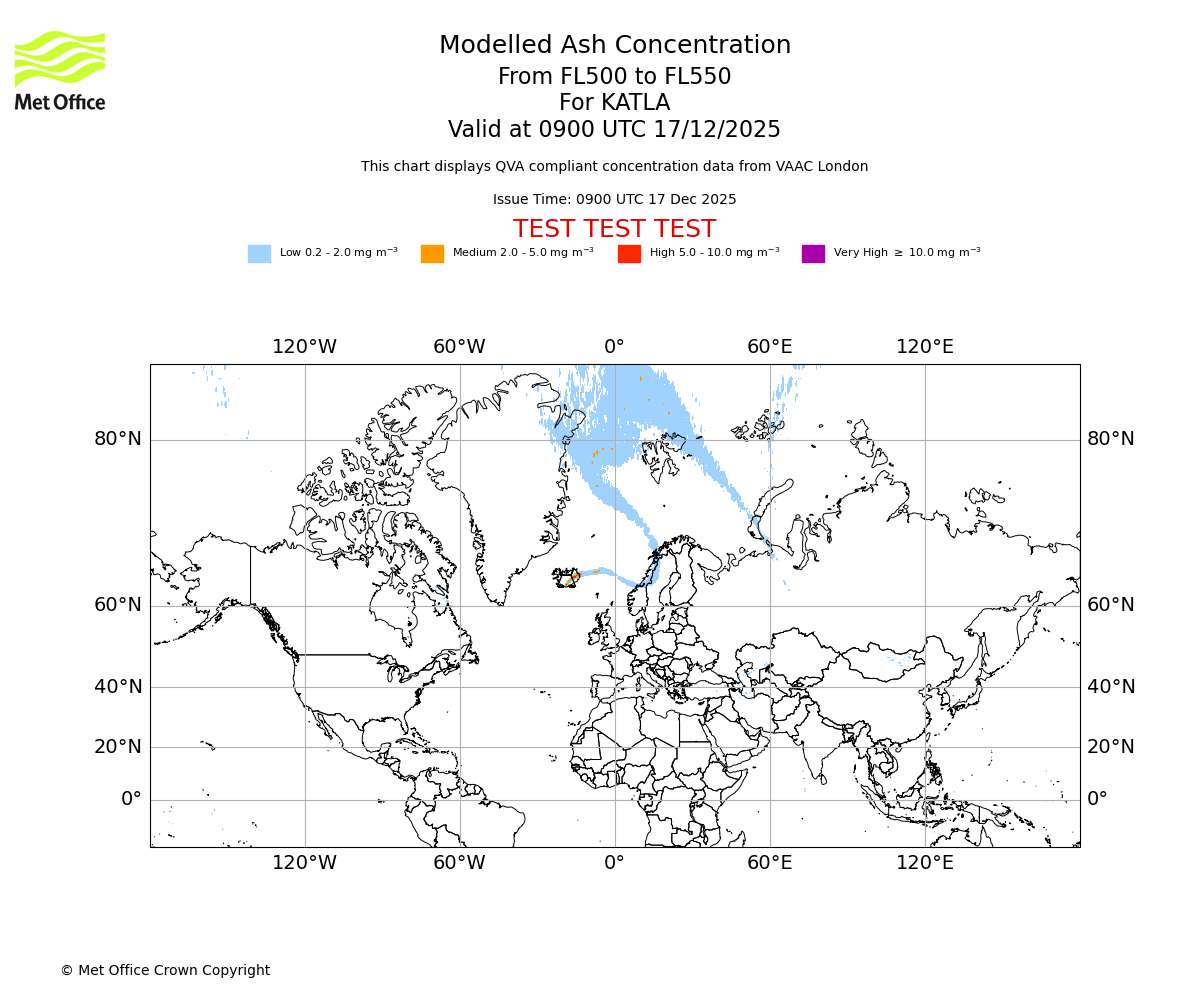 Modelled ash concentration from 500 to 550 for KATLA. Valid at 0900 UTC 17/12/2025