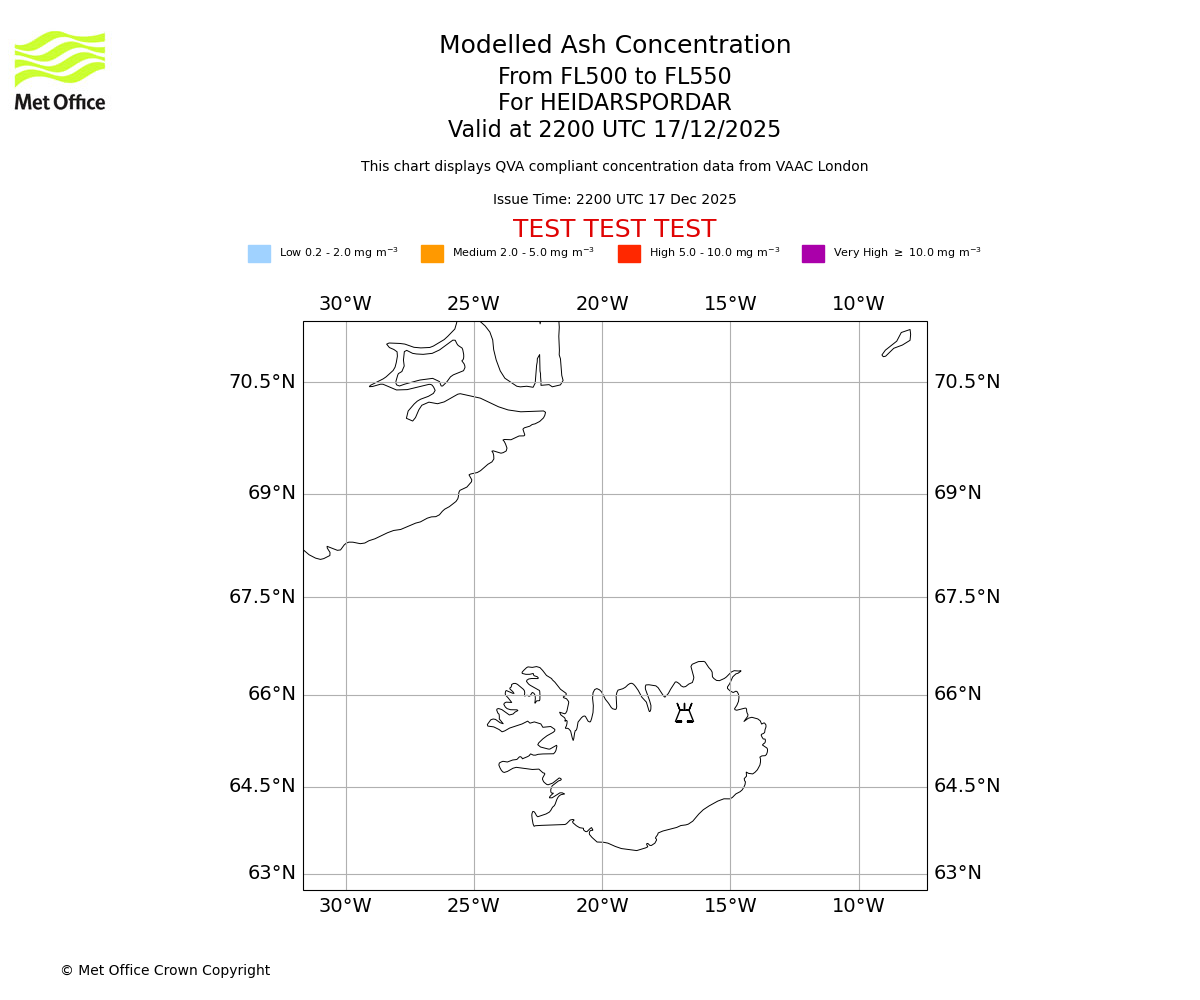 Modelled ash concentration from 500 to 550 for HEIDARSPORDAR. Valid at 2200 UTC 17/12/2025