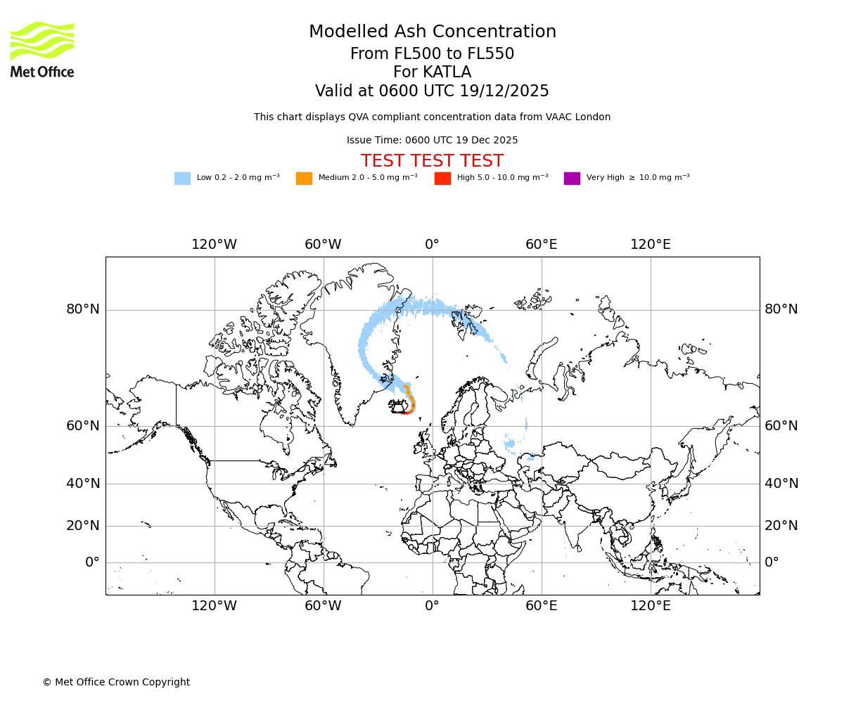 Modelled ash concentration from 500 to 550 for KATLA. Valid at 0600 UTC 19/12/2025