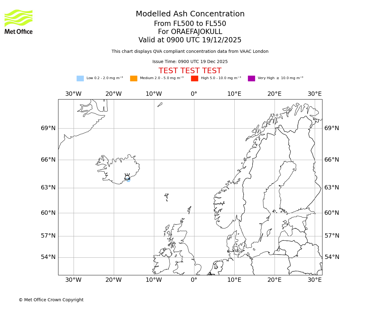 Modelled ash concentration from 500 to 550 for ORAEFAJOKULL. Valid at 0900 UTC 19/12/2025