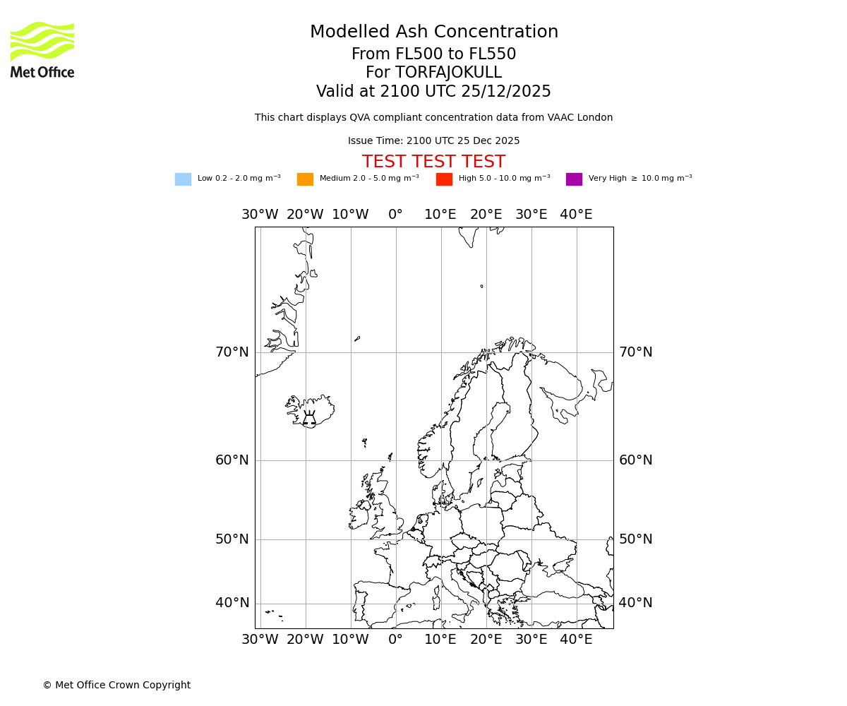 Modelled ash concentration from 500 to 550 for TORFAJOKULL. Valid at 2100 UTC 25/12/2025