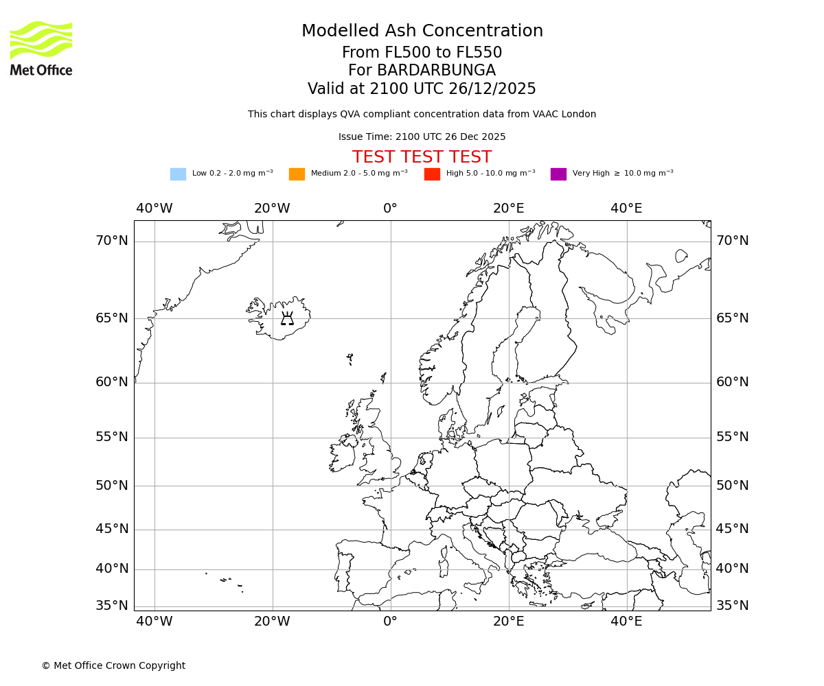 Modelled ash concentration from 500 to 550 for BARDARBUNGA. Valid at 2100 UTC 26/12/2025