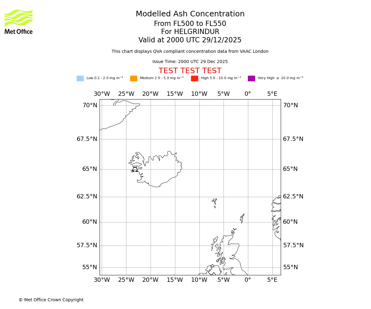 Modelled ash concentration from 500 to 550 for HELGRINDUR. Valid at 2000 UTC 29/12/2025