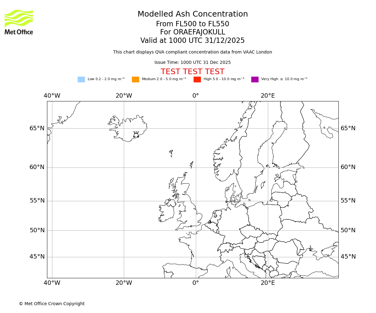 Modelled ash concentration from 500 to 550 for ORAEFAJOKULL. Valid at 1000 UTC 31/12/2025