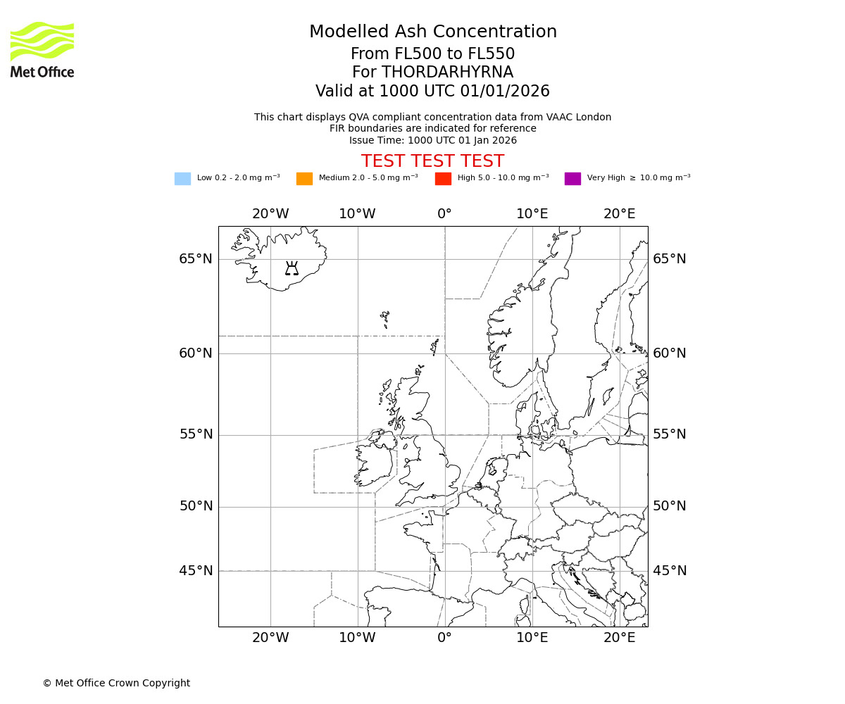 Modelled ash concentration from 500 to 550 for THORDARHYRNA. Valid at 1000 UTC 01/01/2026