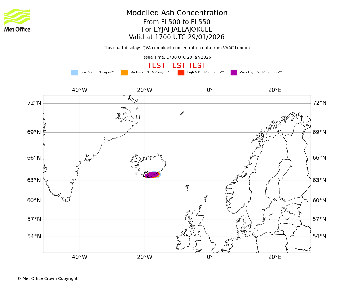 Modelled ash concentration from 500 to 550 for EYJAFJALLAJOKULL. Valid at 1700 UTC 29/01/2026