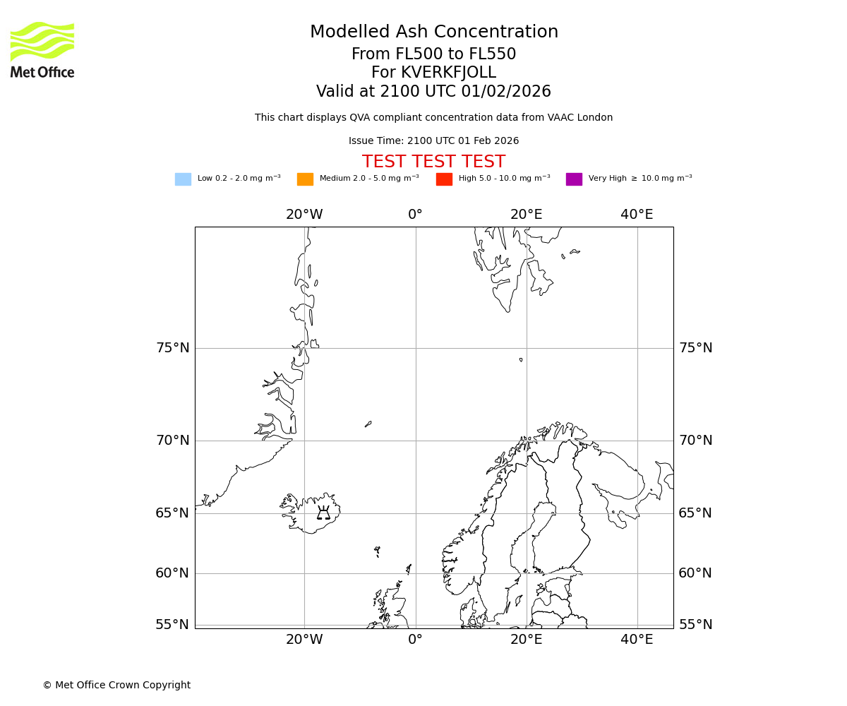 Modelled ash concentration from 500 to 550 for KVERKFJOLL. Valid at 2100 UTC 01/02/2026