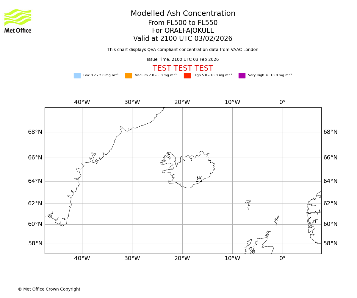 Modelled ash concentration from 500 to 550 for ORAEFAJOKULL. Valid at 2100 UTC 03/02/2026