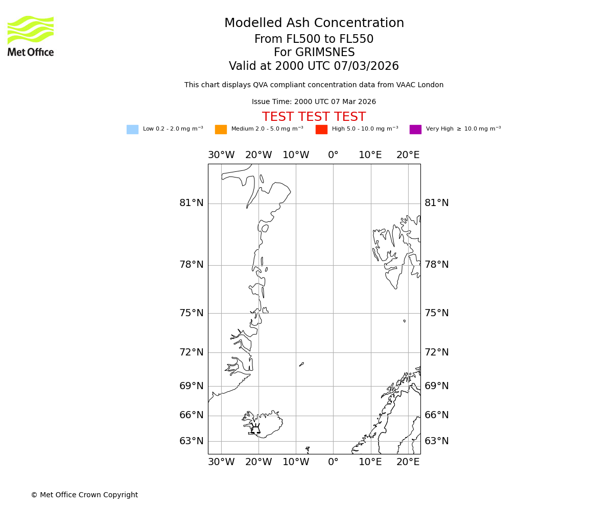Modelled ash concentration from 500 to 550 for GRIMSNES. Valid at 2000 UTC 07/03/2026