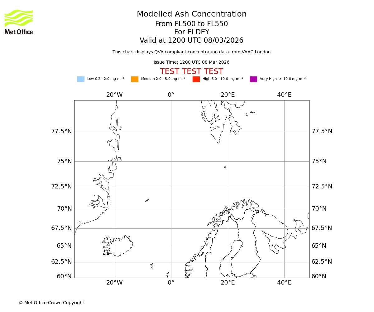 Modelled ash concentration from 500 to 550 for ELDEY. Valid at 1200 UTC 08/03/2026