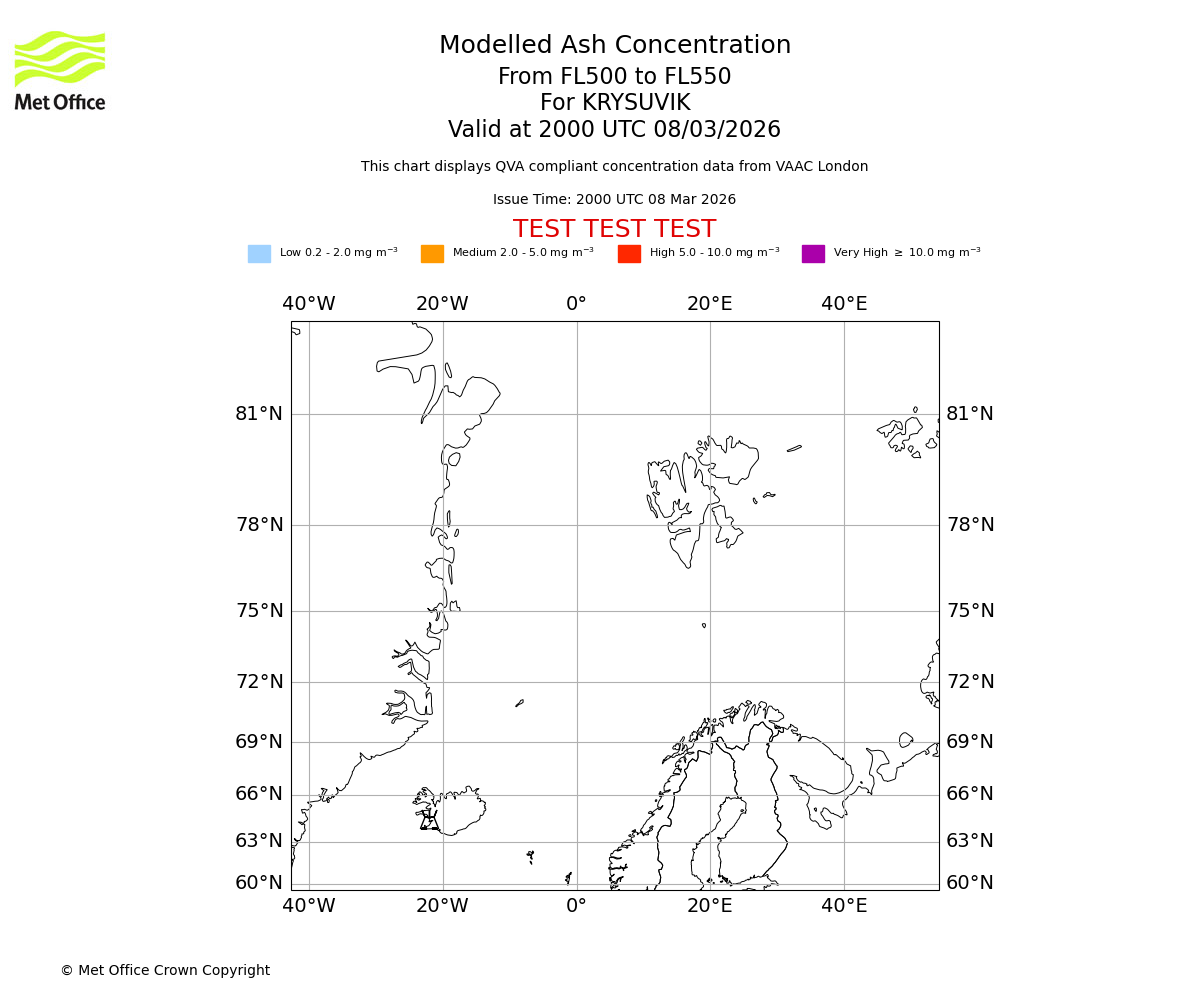 Modelled ash concentration from 500 to 550 for KRYSUVIK. Valid at 2000 UTC 08/03/2026