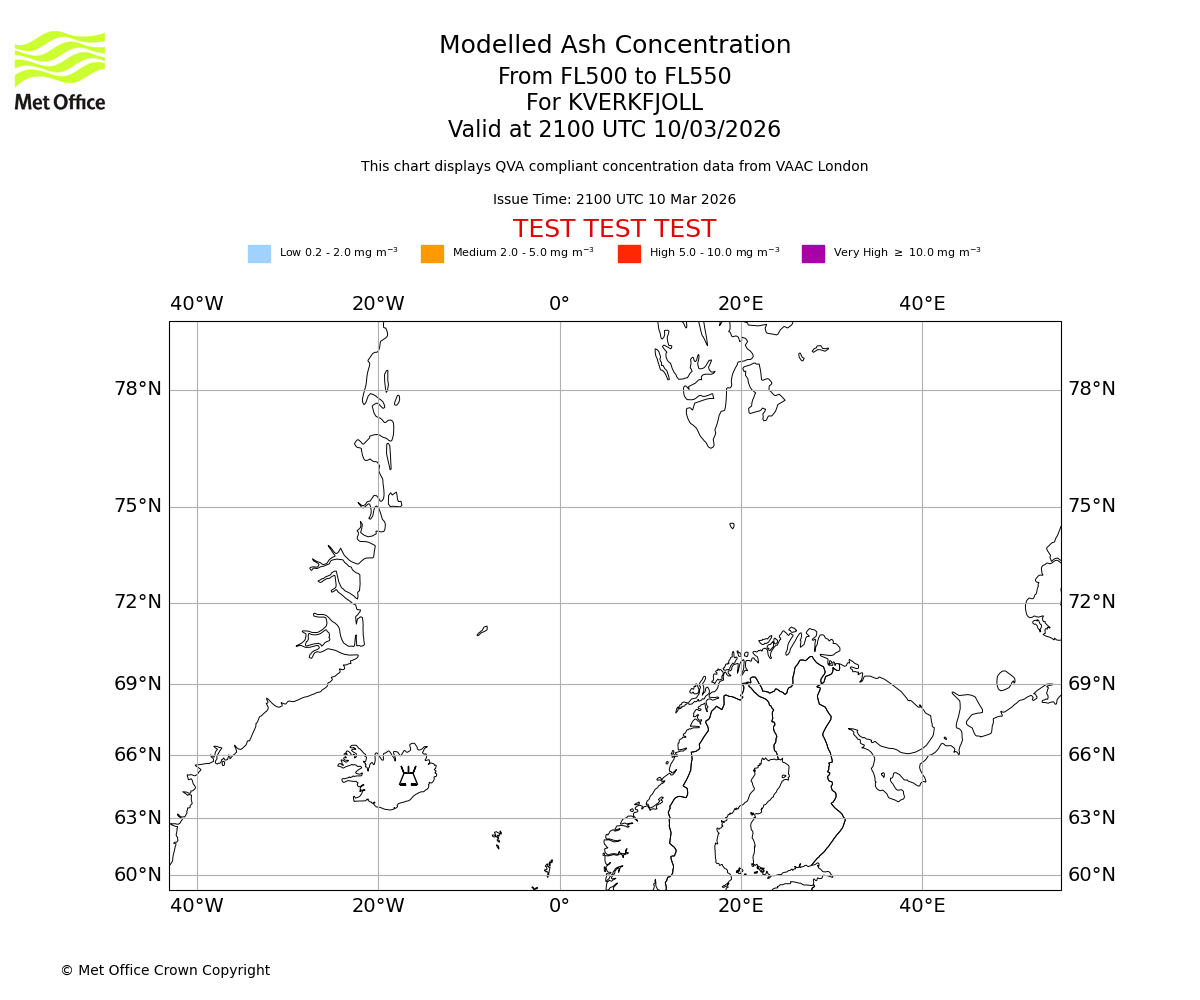 Modelled ash concentration from 500 to 550 for KVERKFJOLL. Valid at 2100 UTC 10/03/2026