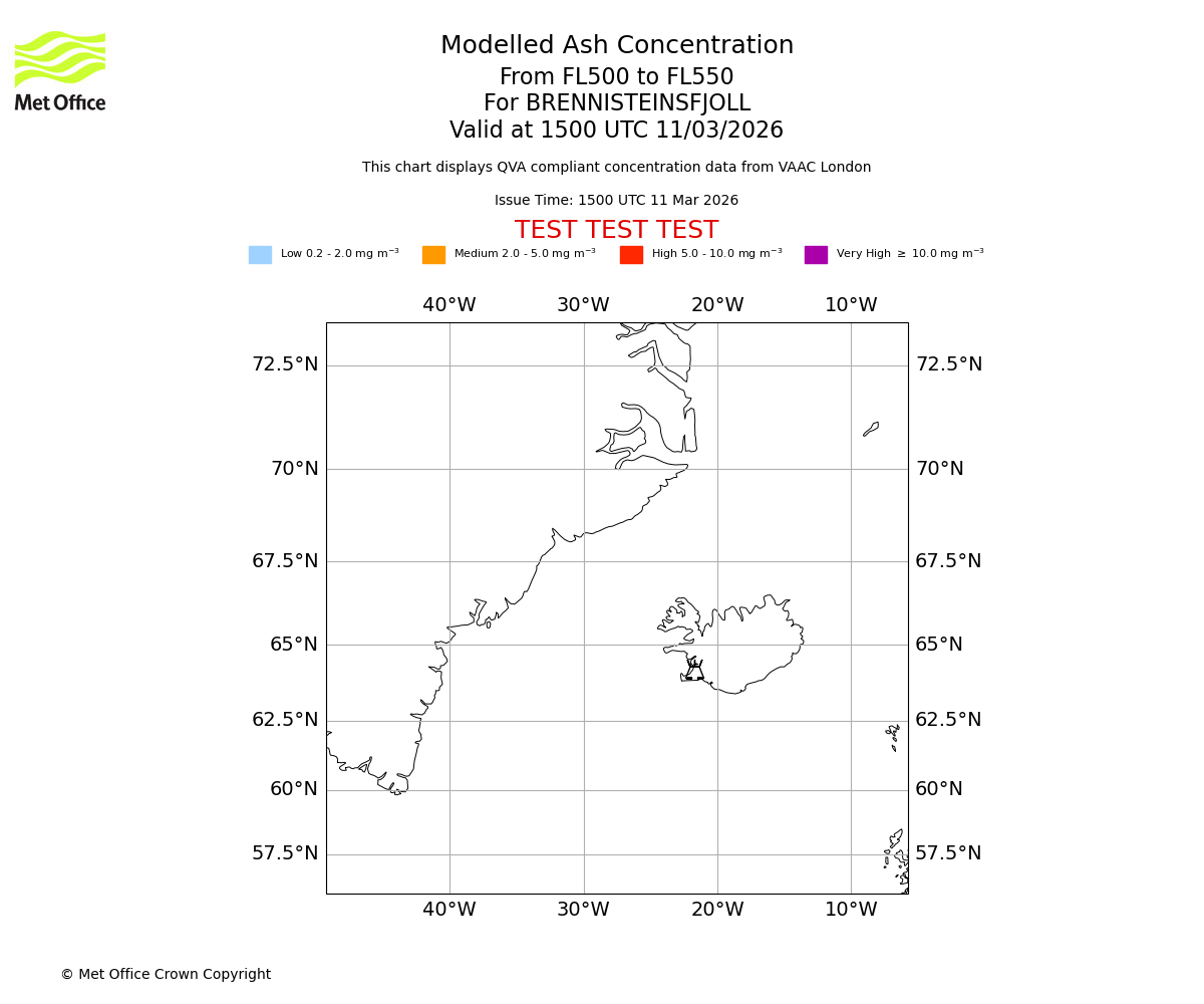 Modelled ash concentration from 500 to 550 for BRENNISTEINSFJOLL. Valid at 1500 UTC 11/03/2026