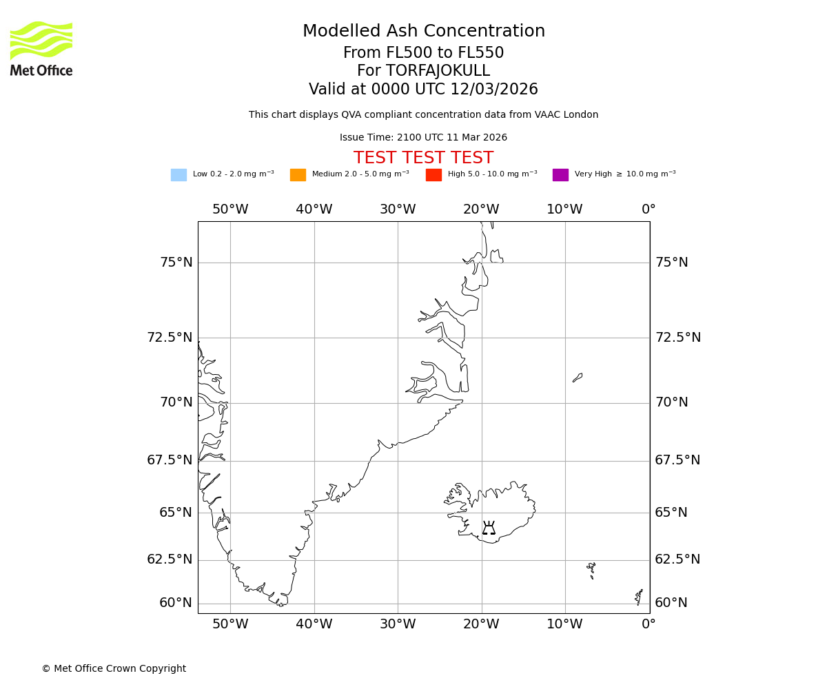 Modelled ash concentration from 500 to 550 for TORFAJOKULL. Valid at 0000 UTC 12/03/2026