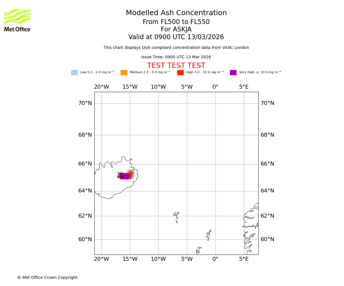 Modelled ash concentration from 500 to 550 for ASKJA. Valid at 0900 UTC 13/03/2026