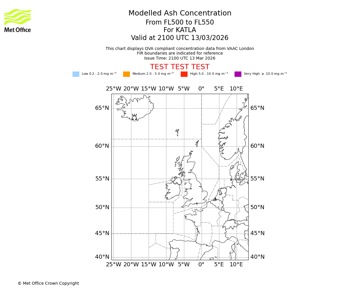 Modelled ash concentration from 500 to 550 for KATLA. Valid at 2100 UTC 13/03/2026
