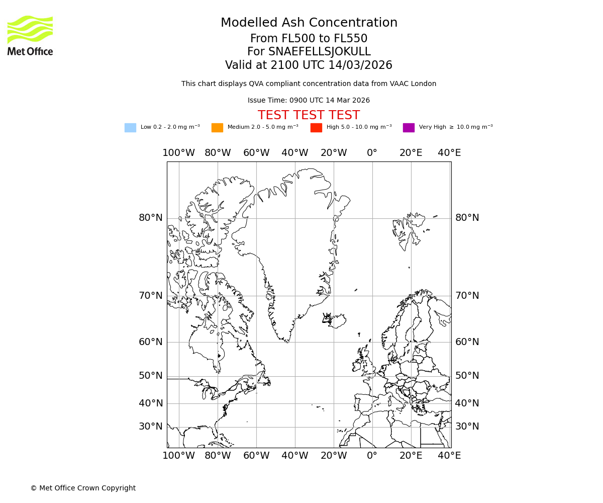 Modelled ash concentration from 500 to 550 for SNAEFELLSJOKULL. Valid at 2100 UTC 14/03/2026