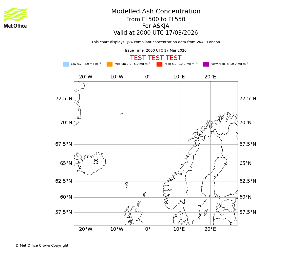 Modelled ash concentration from 500 to 550 for ASKJA. Valid at 2000 UTC 17/03/2026
