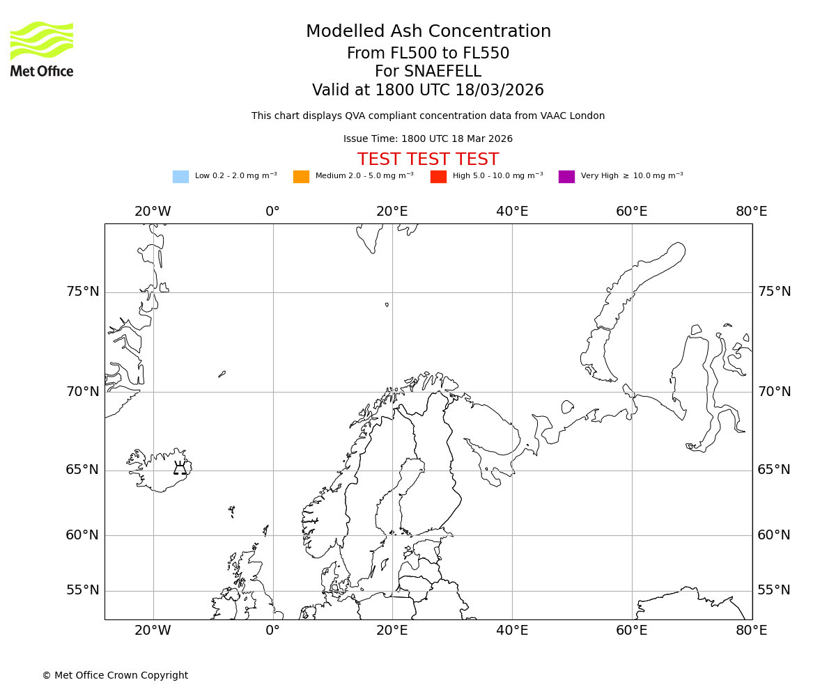Modelled ash concentration from 500 to 550 for SNAEFELL. Valid at 1800 UTC 18/03/2026