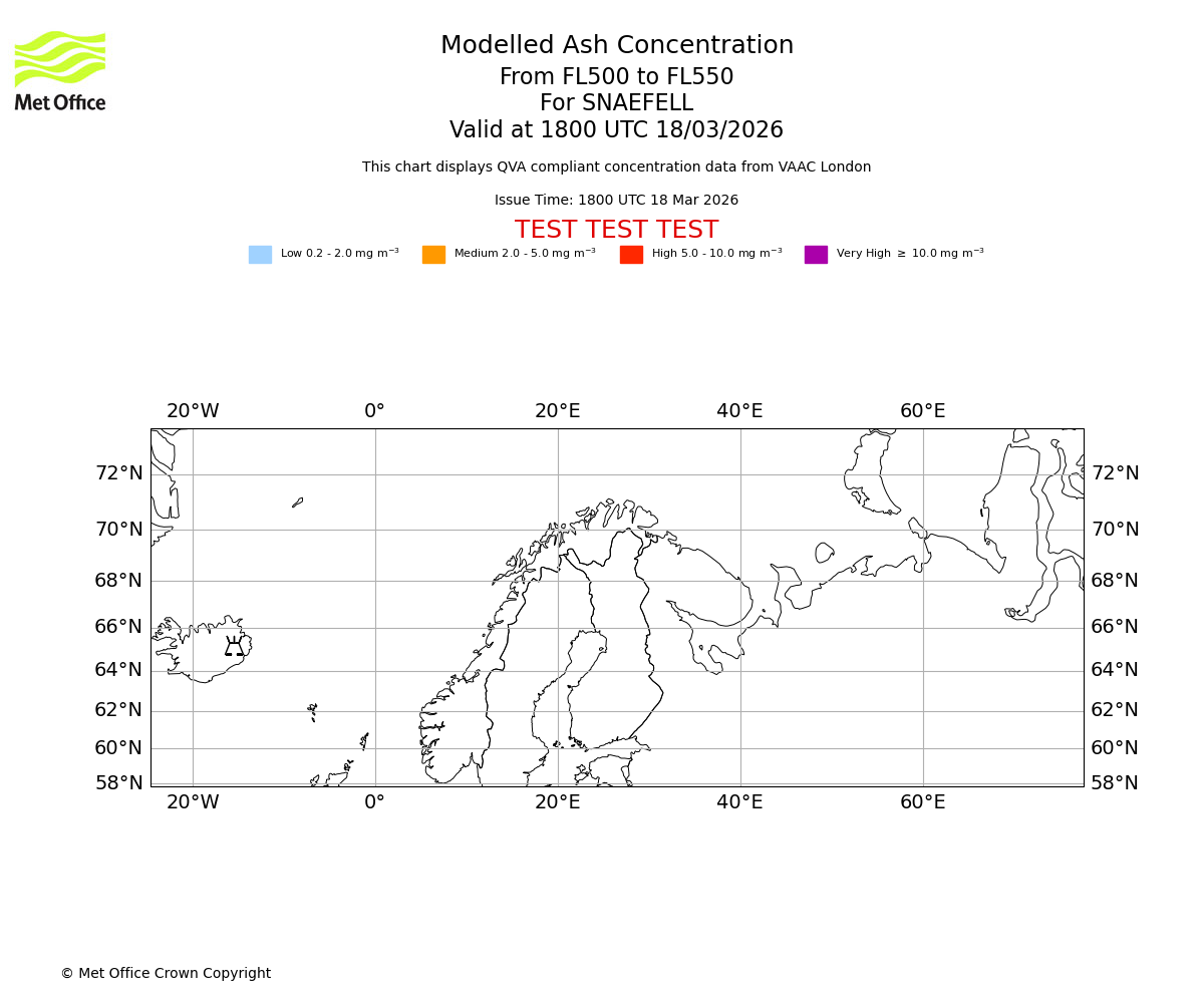 Modelled ash concentration from 500 to 550 for SNAEFELL. Valid at 1800 UTC 18/03/2026