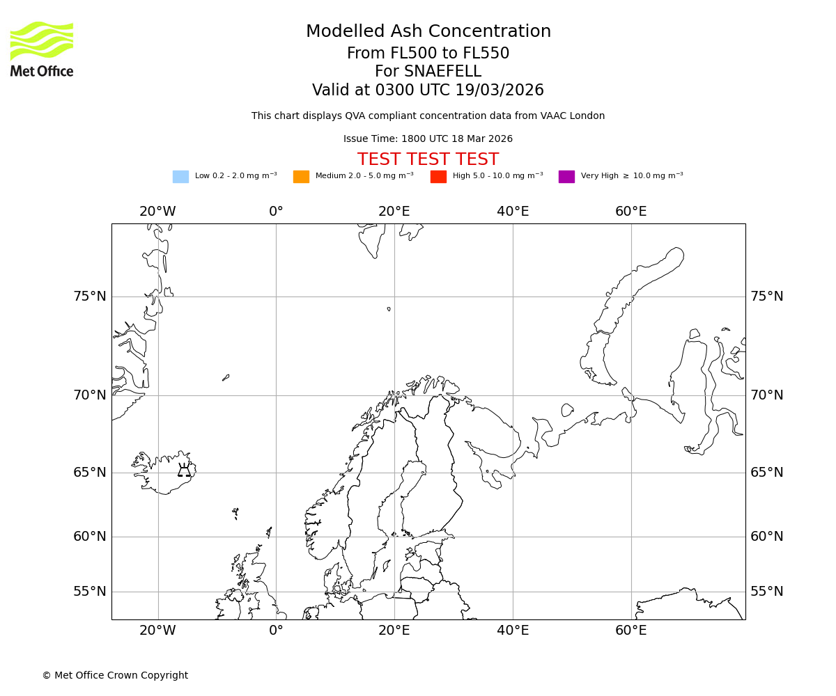Modelled ash concentration from 500 to 550 for SNAEFELL. Valid at 0300 UTC 19/03/2026