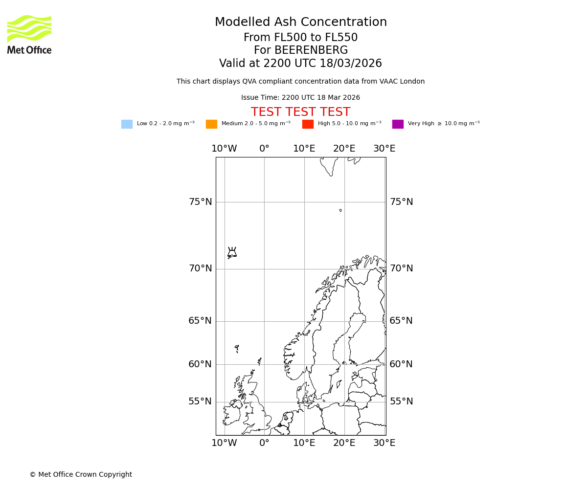 Modelled ash concentration from 500 to 550 for BEERENBERG. Valid at 2200 UTC 18/03/2026
