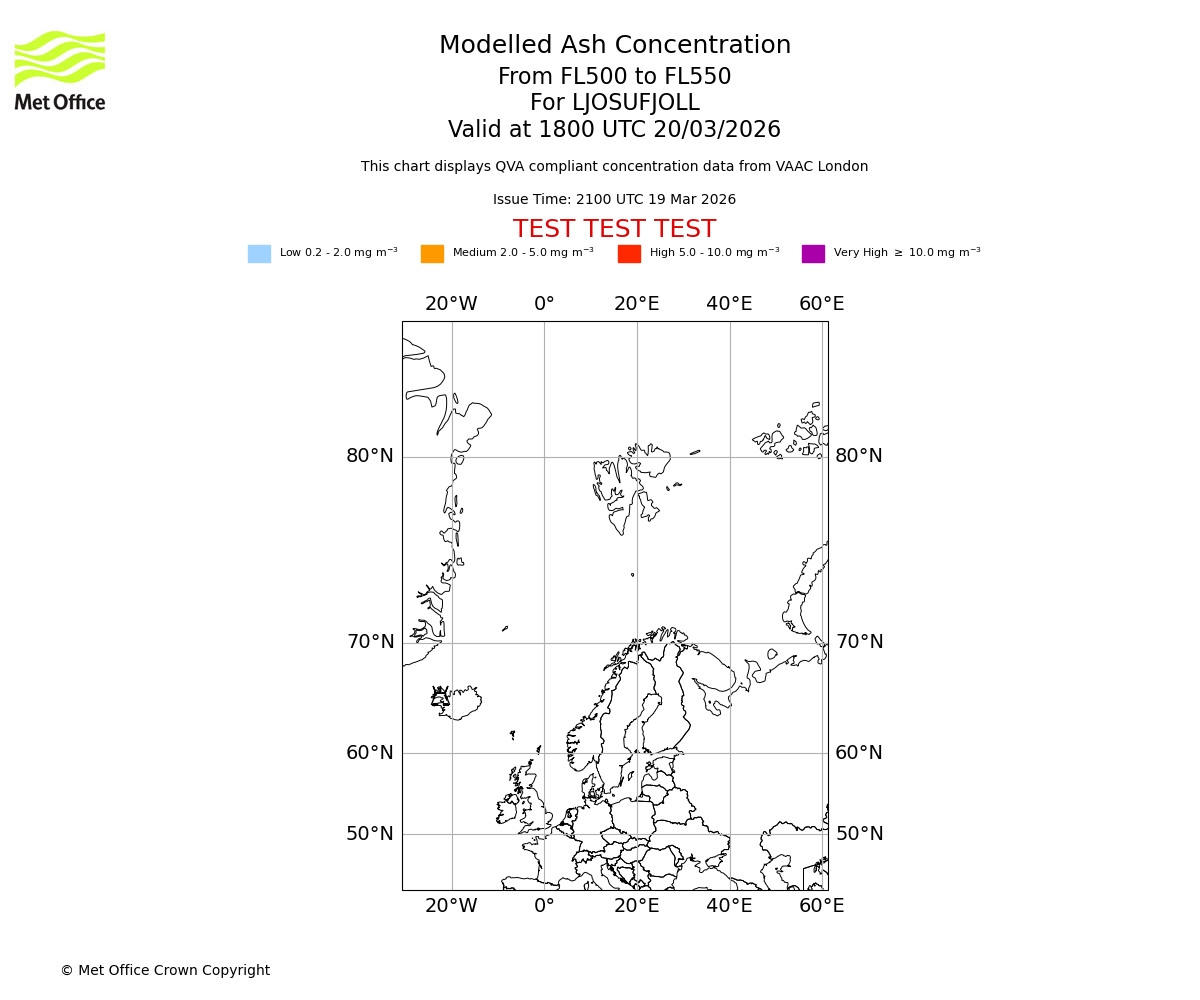 Modelled ash concentration from 500 to 550 for LJOSUFJOLL. Valid at 1800 UTC 20/03/2026