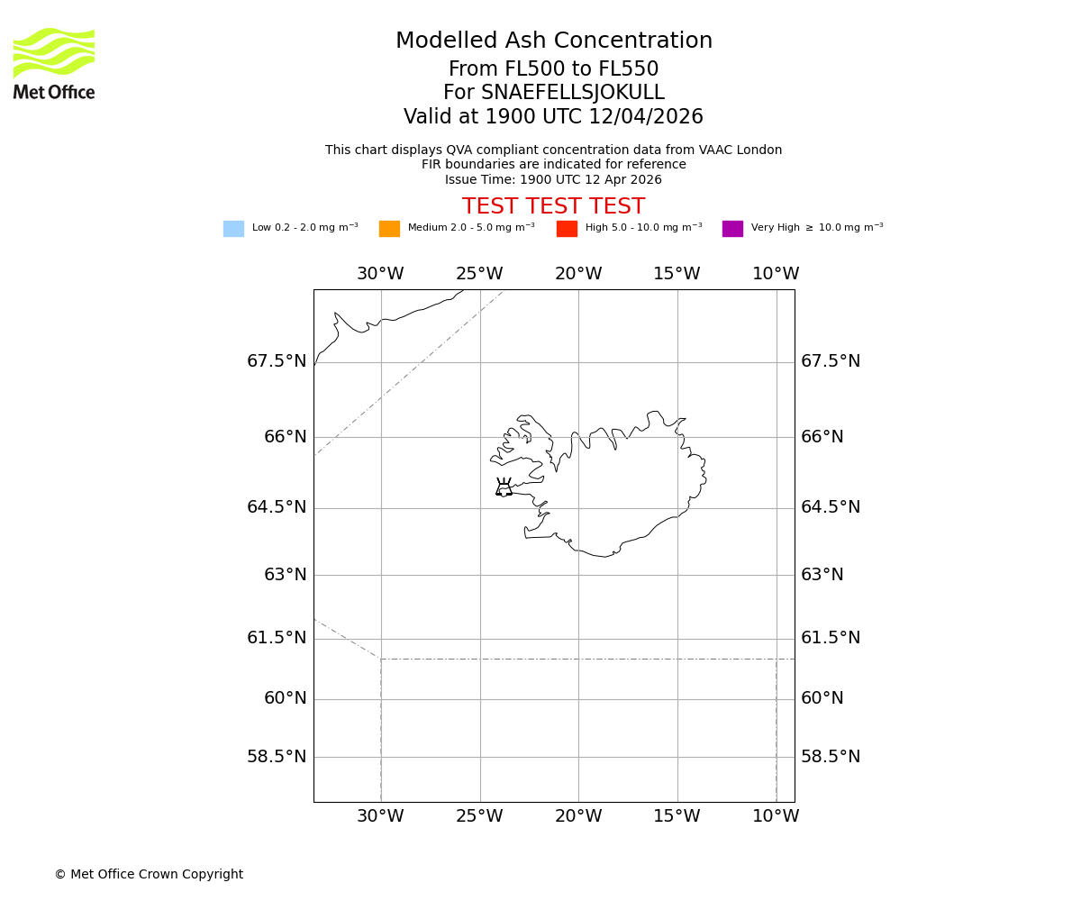 Modelled ash concentration from 500 to 550 for SNAEFELLSJOKULL. Valid at 1900 UTC 12/04/2026