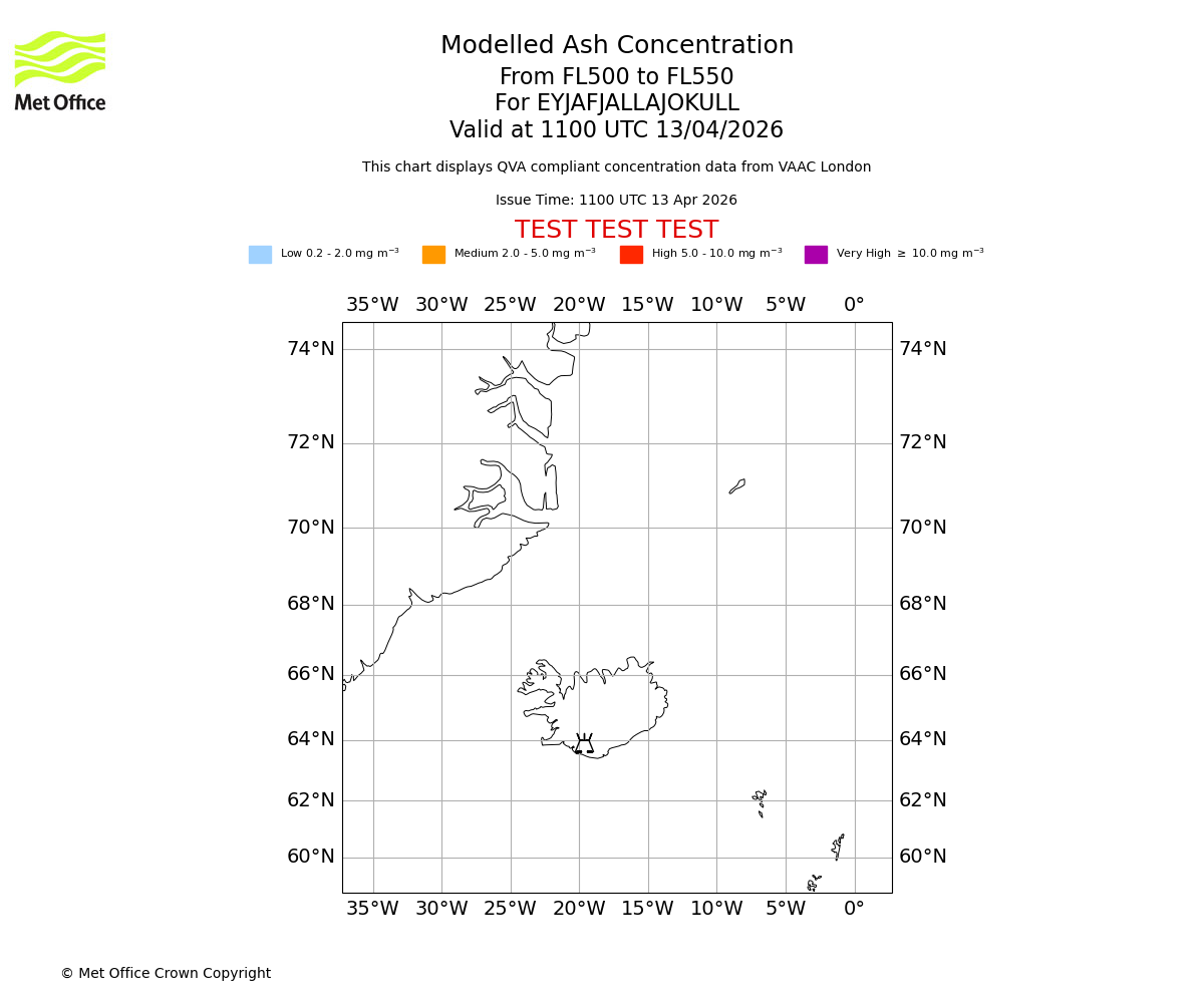 Modelled ash concentration from 500 to 550 for EYJAFJALLAJOKULL. Valid at 1100 UTC 13/04/2026