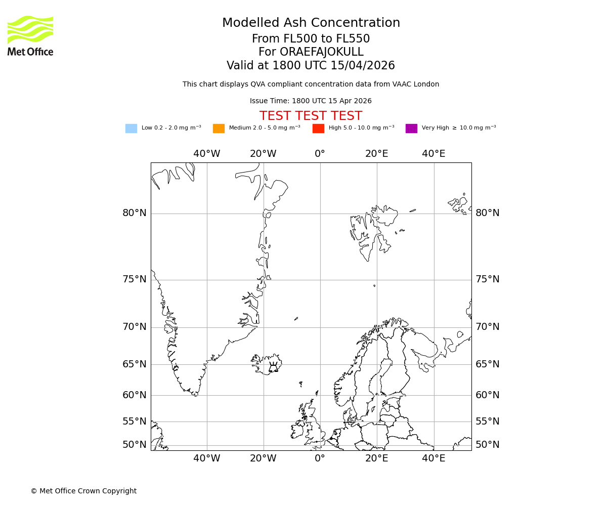 Modelled ash concentration from 500 to 550 for ORAEFAJOKULL. Valid at 1800 UTC 15/04/2026
