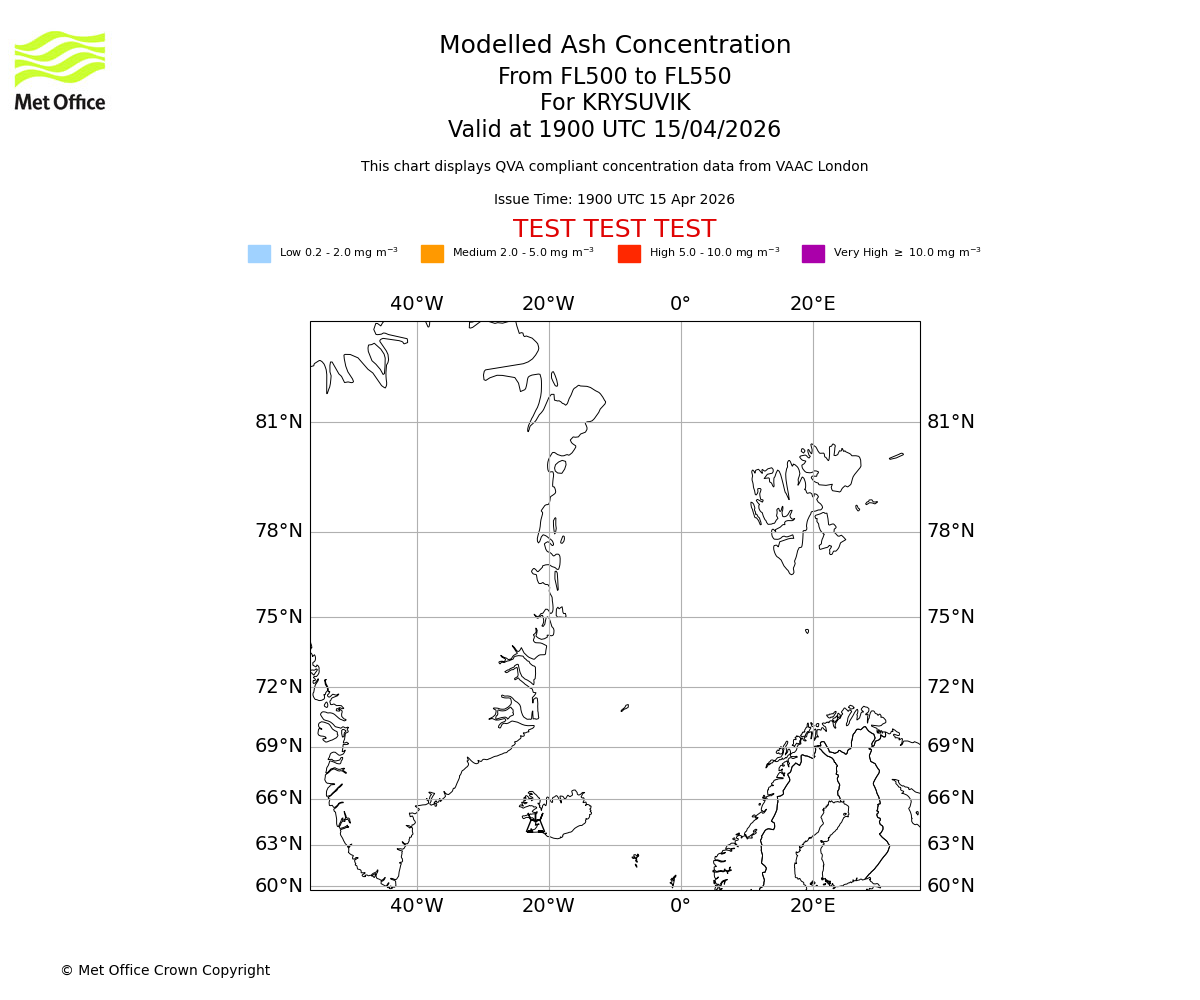 Modelled ash concentration from 500 to 550 for KRYSUVIK. Valid at 1900 UTC 15/04/2026