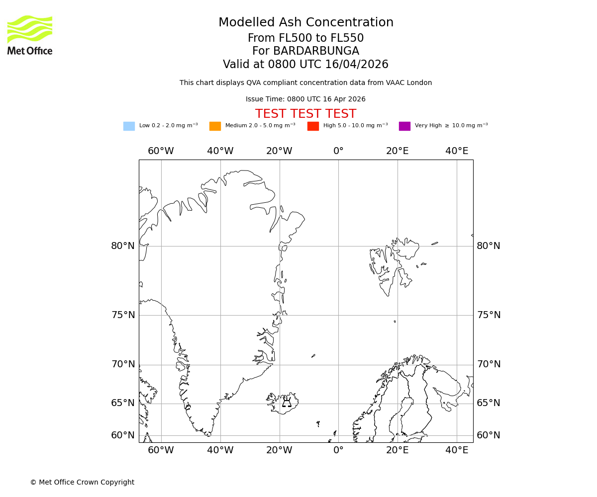 Modelled ash concentration from 500 to 550 for BARDARBUNGA. Valid at 0800 UTC 16/04/2026