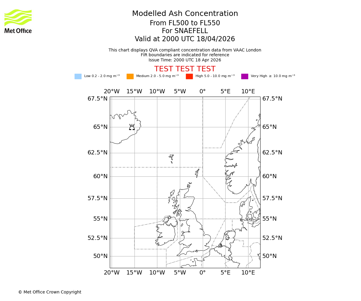 Modelled ash concentration from 500 to 550 for SNAEFELL. Valid at 2000 UTC 18/04/2026
