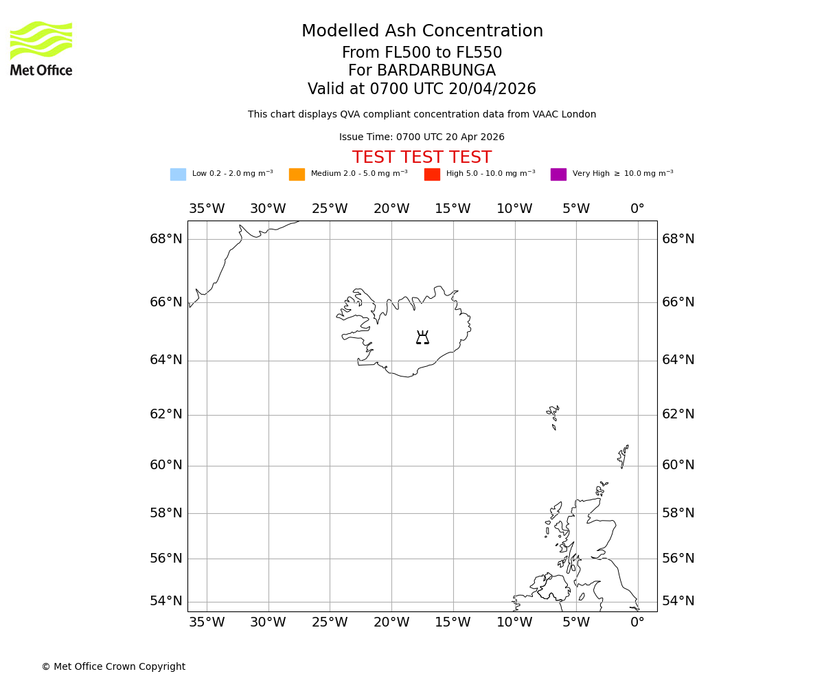 Modelled ash concentration from 500 to 550 for BARDARBUNGA. Valid at 0700 UTC 20/04/2026