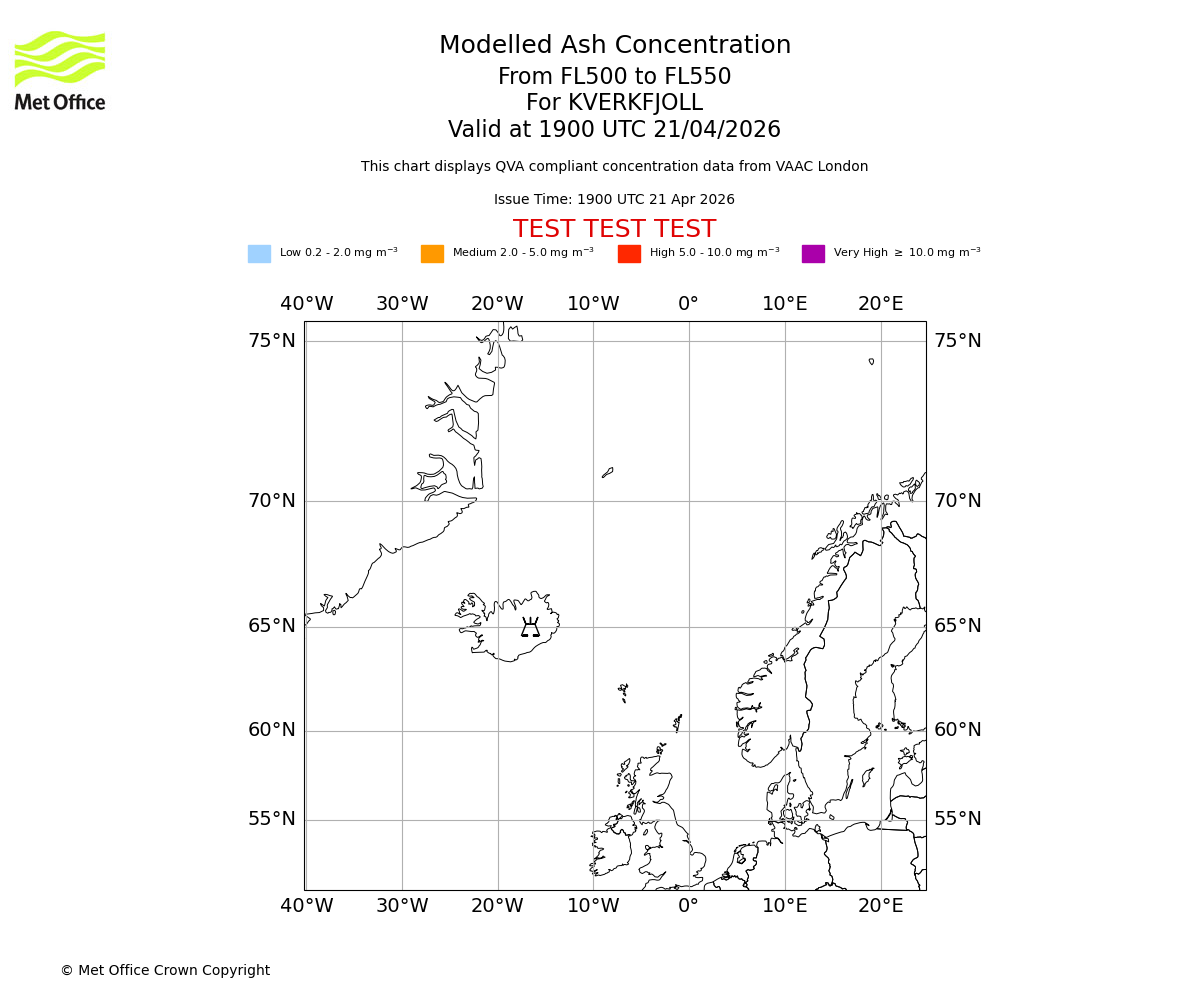 Modelled ash concentration from 500 to 550 for KVERKFJOLL. Valid at 1900 UTC 21/04/2026