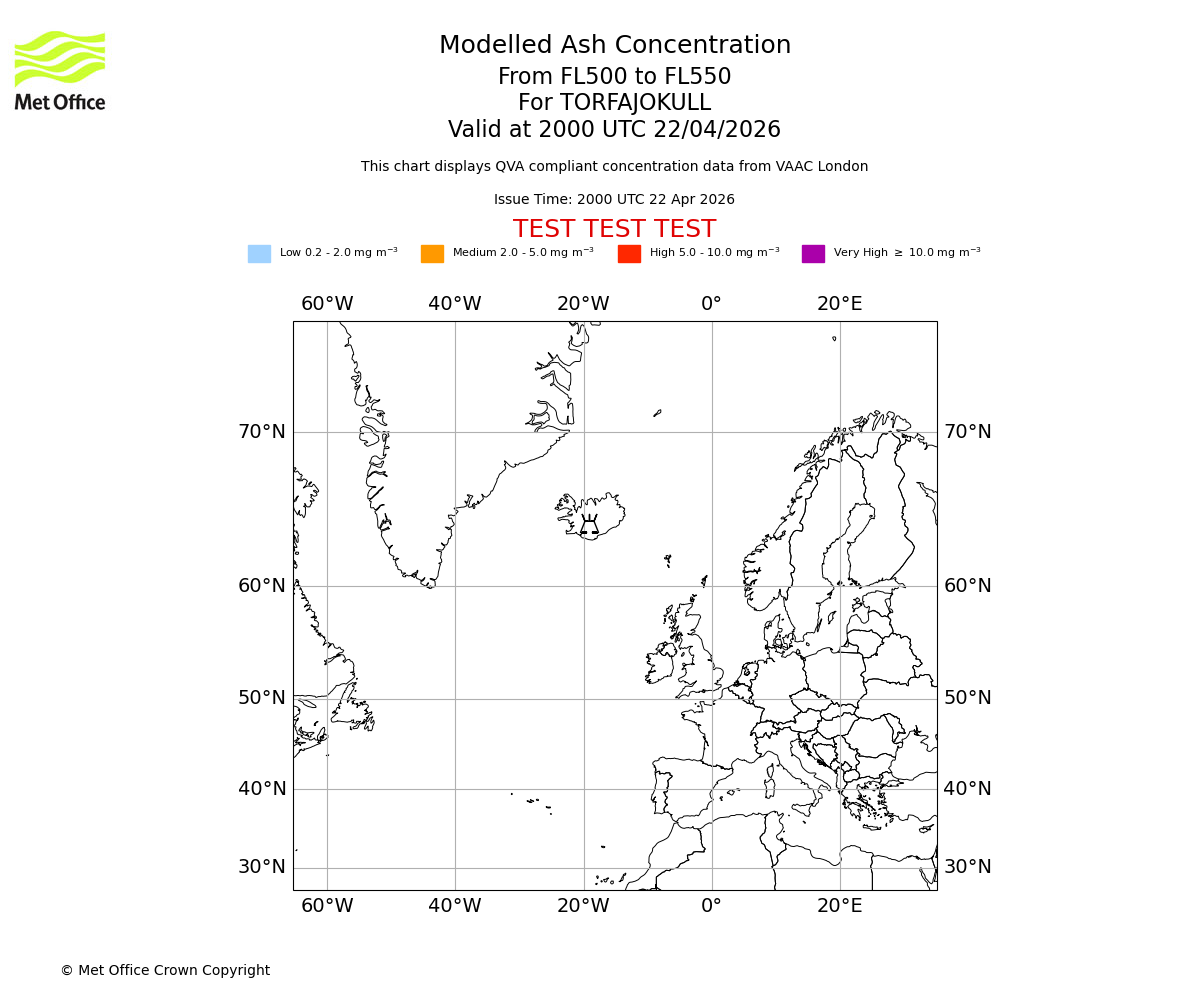Modelled ash concentration from 500 to 550 for TORFAJOKULL. Valid at 2000 UTC 22/04/2026