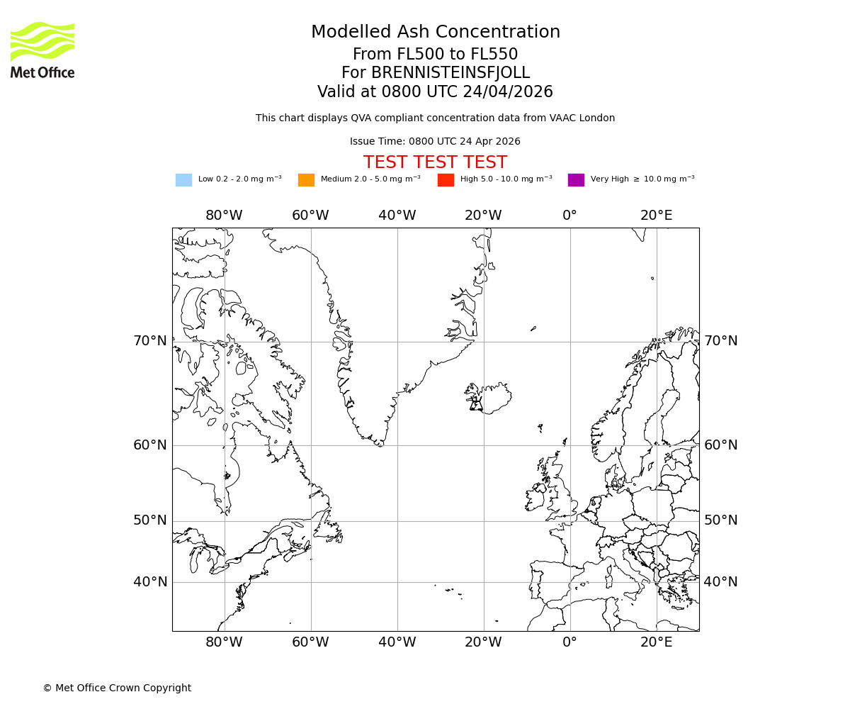 Modelled ash concentration from 500 to 550 for BRENNISTEINSFJOLL. Valid at 0800 UTC 24/04/2026