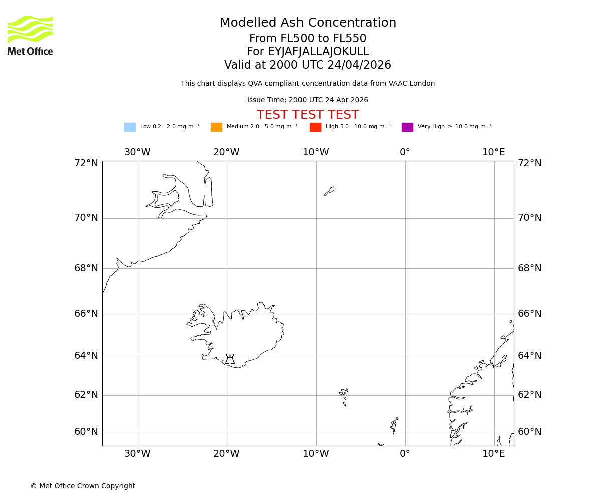 Modelled ash concentration from 500 to 550 for EYJAFJALLAJOKULL. Valid at 2000 UTC 24/04/2026