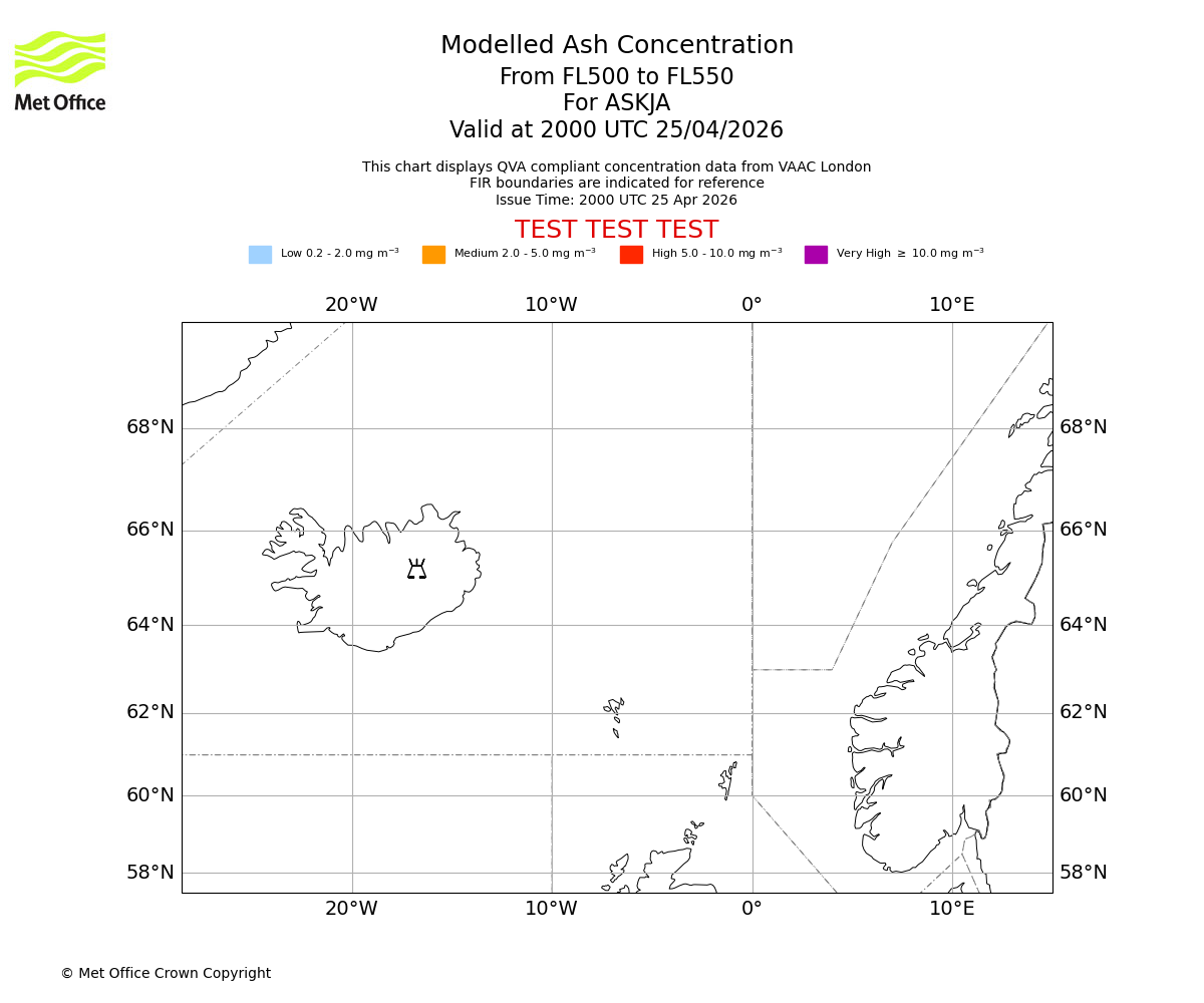Modelled ash concentration from 500 to 550 for ASKJA. Valid at 2000 UTC 25/04/2026