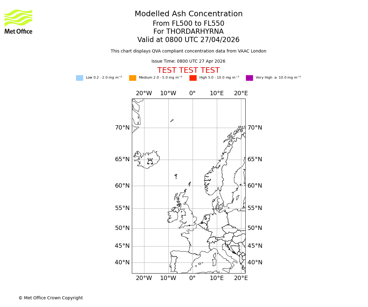 Modelled ash concentration from 500 to 550 for THORDARHYRNA. Valid at 0800 UTC 27/04/2026