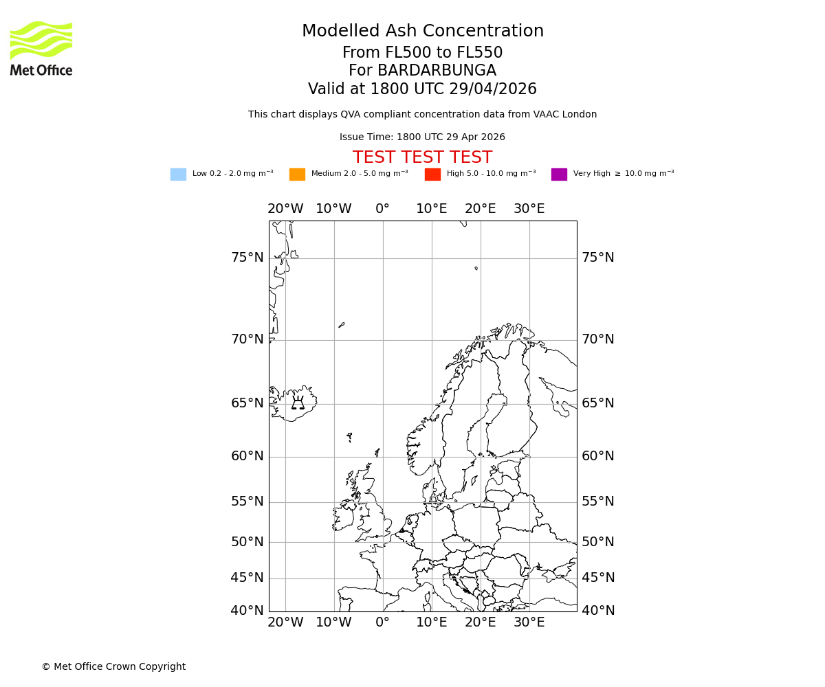 Modelled ash concentration from 500 to 550 for BARDARBUNGA. Valid at 1800 UTC 29/04/2026