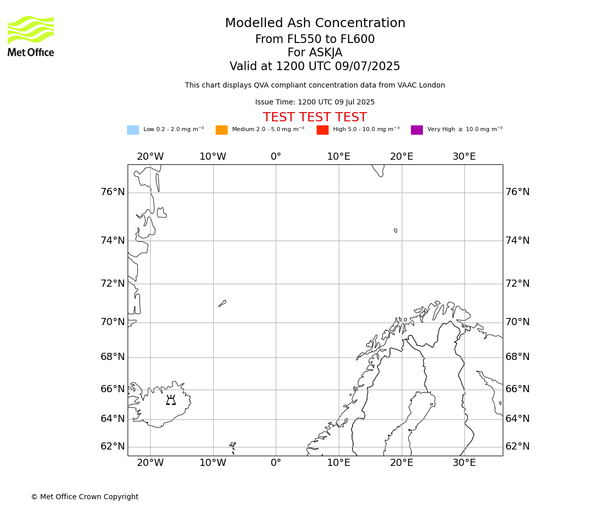 Modelled ash concentration from 550 to 600 for ASKJA. Valid at 1200 UTC 09/07/2025