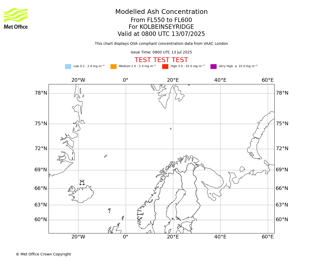 Modelled ash concentration from 550 to 600 for KOLBEINSEYRIDGE. Valid at 0800 UTC 13/07/2025