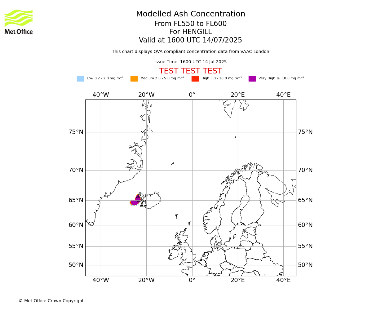 Modelled ash concentration from 550 to 600 for HENGILL. Valid at 1600 UTC 14/07/2025