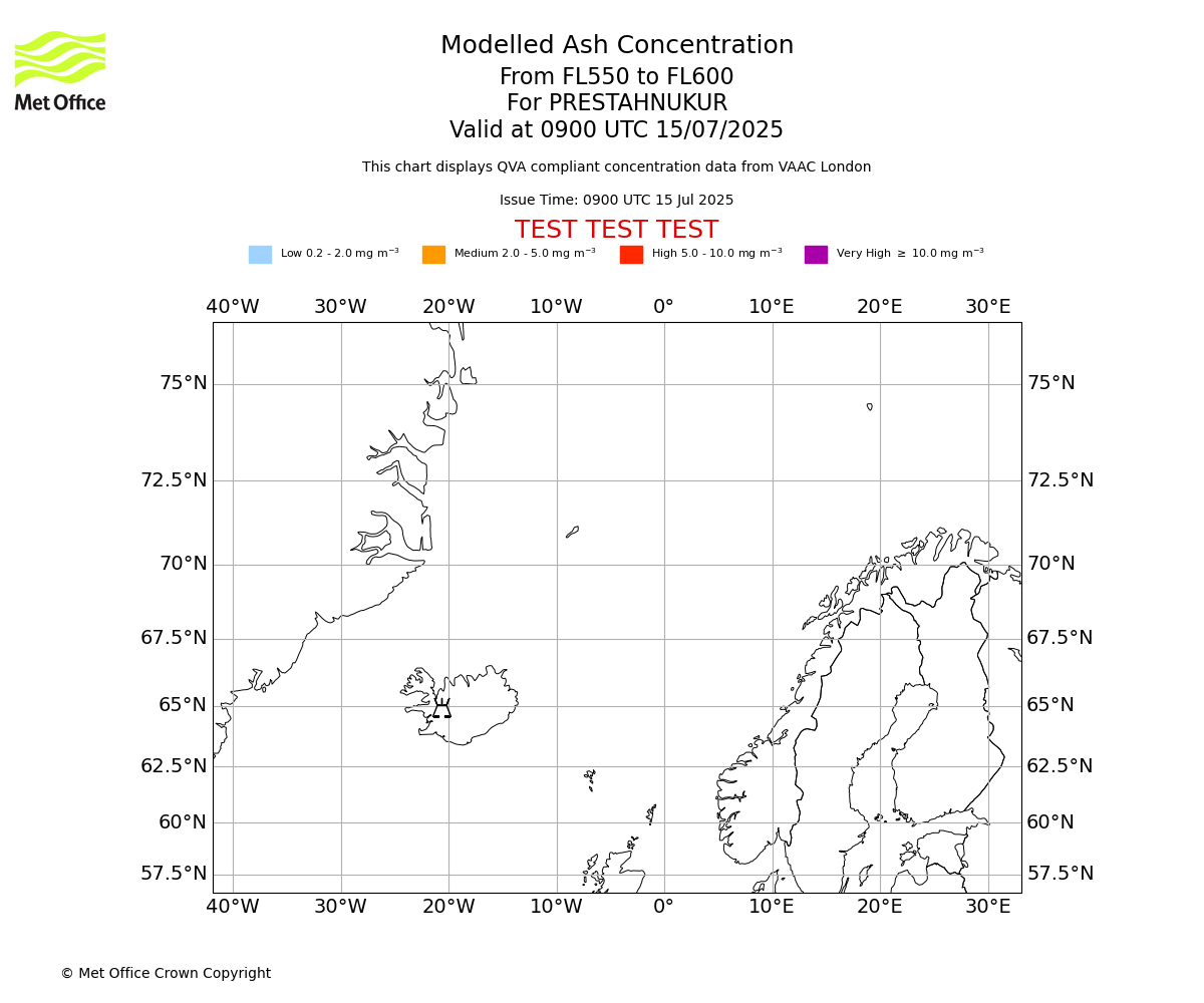 Modelled ash concentration from 550 to 600 for PRESTAHNUKUR. Valid at 0900 UTC 15/07/2025