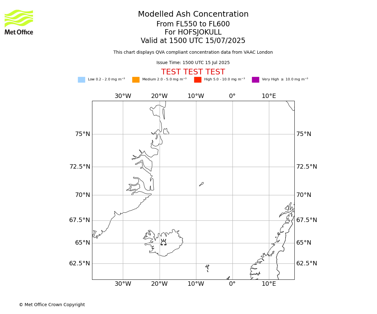 Modelled ash concentration from 550 to 600 for HOFSJOKULL. Valid at 1500 UTC 15/07/2025