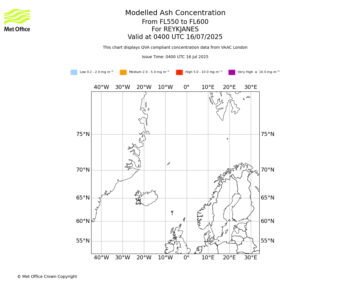 Modelled ash concentration from 550 to 600 for REYKJANES. Valid at 0400 UTC 16/07/2025
