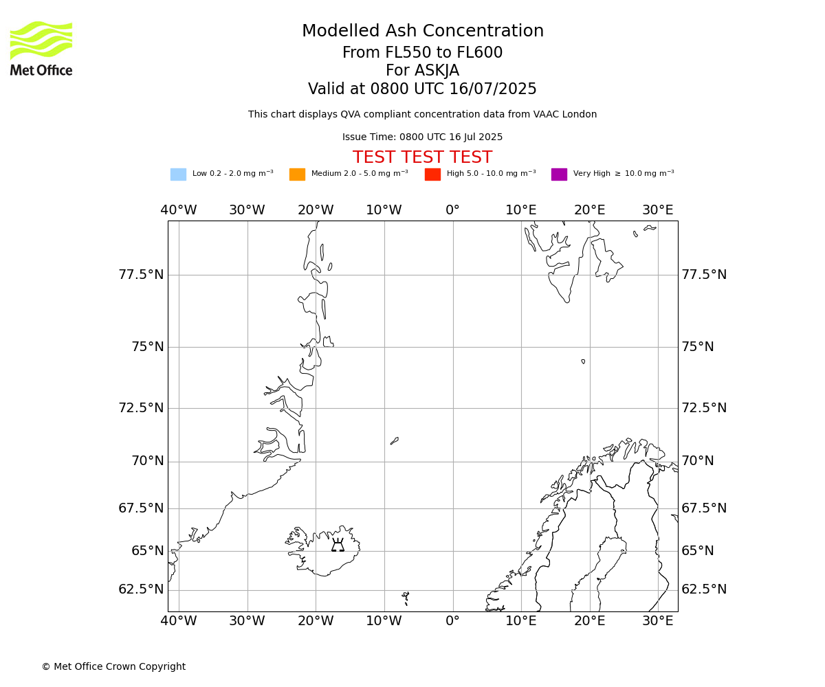 Modelled ash concentration from 550 to 600 for ASKJA. Valid at 0800 UTC 16/07/2025