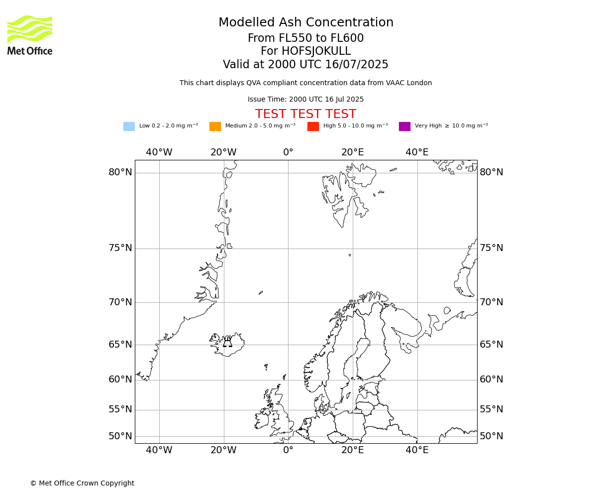 Modelled ash concentration from 550 to 600 for HOFSJOKULL. Valid at 2000 UTC 16/07/2025