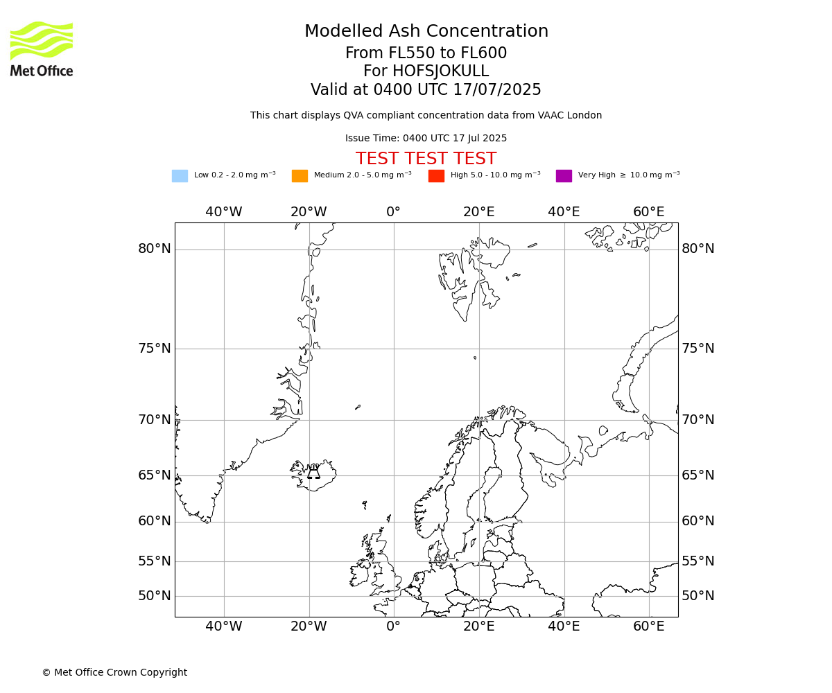 Modelled ash concentration from 550 to 600 for HOFSJOKULL. Valid at 0400 UTC 17/07/2025